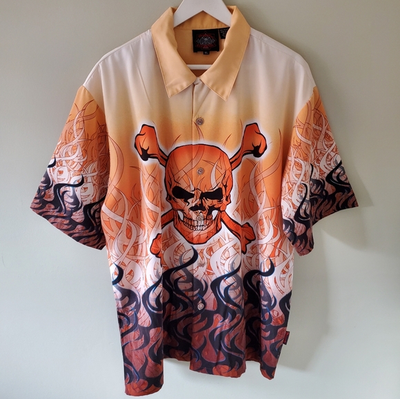 Dragonly Roadhouse XL Vintage Y2K Skull Flames Biker Grunge Button Down Shirt - Picture 1 of 13